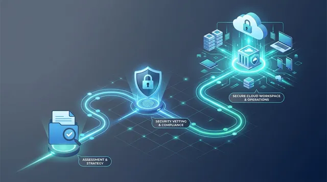 Illustration of the IT outsourcing process moving from assessment and strategy through security vetting and compliance to a secure, managed cloud workspace