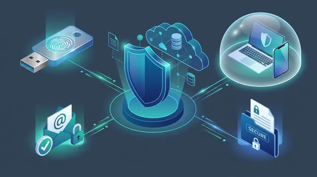 Isometric illustration of a central security shield connected to identity, cloud, email, endpoint device, and document protection — representing layered Microsoft 365 security